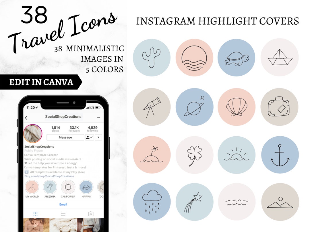38 Instagram Story Highlight Covers, Icon Pack, Blue, Pink, Brown ...