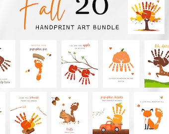 May include: A set of 10 printable handprint art designs for fall. The designs feature various fall themes, such as pumpkins, leaves, squirrels, and deer. The text on the designs includes phrases like "Sweeter than pumpkin pie", "You are the apple of my eye", and "Pumpkin kisses and harvest wishes".