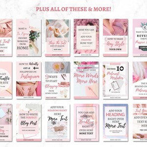 May include: A collage of pink and white social media graphics with text overlays. The graphics feature tips for growing a business, including how to get more traffic to your website, how to make a six-figure income working from home, how to get followers on Instagram, and how to write the perfect blog post.