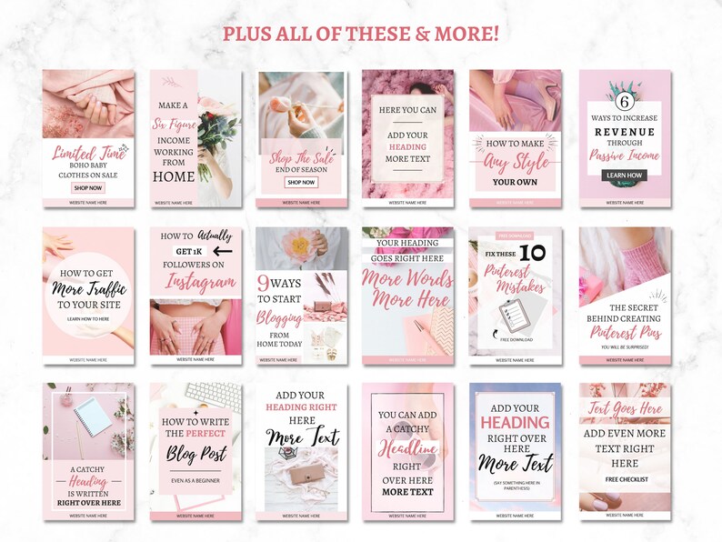 May include: A collage of pink and white social media graphics with text overlays. The graphics feature tips for growing a business, including how to get more traffic to your website, how to make a six-figure income working from home, how to get followers on Instagram, and how to write the perfect blog post.