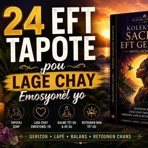 Può includere: Un libro intitolato 24 EFT TAPOTE POU LAGE CHAY EMOSYONÈL YO con un'illustrazione di copertina di una persona di profilo davanti a una grande luna, circondata da fogliame, un colibrì e icone per il tapping, un cuore e la meditazione.