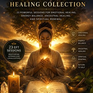 May include: A digital poster titled RG Natural Spirituality EFT Tapping Healing Collection featuring a person meditating with hands over a glowing open book. Text includes 23 powerful sessions for emotional healing, energy balance, ancestral healing, and spiritual renewal, with icons for healing, balance, and return to self.