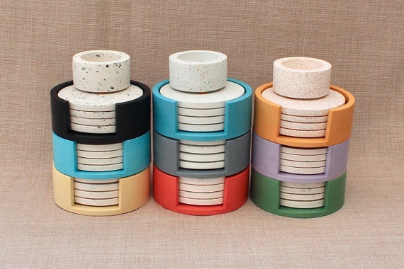 Terrazzo coaster sets various colours. Tee light holders