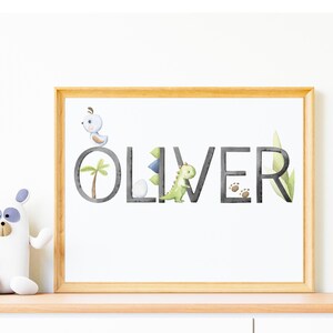 Dinosaur Name Print, Dinosaur Animal Name, Nursery Wall Art, Children&#39;s Name Gift