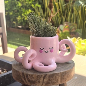 May include: A pink ceramic octopus planter with a smiling face and closed eyes, holding a small green plant. The octopus has eight curled tentacles. The planter is sitting on a small wooden stool.