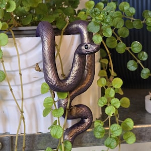 May include: A decorative, metallic purple snake plant hanger. The snake is wrapped around a white planter filled with green leafy plants. The snake has a textured surface and a detailed head with a small, black eye. The plant hanger adds a unique touch to any indoor garden.