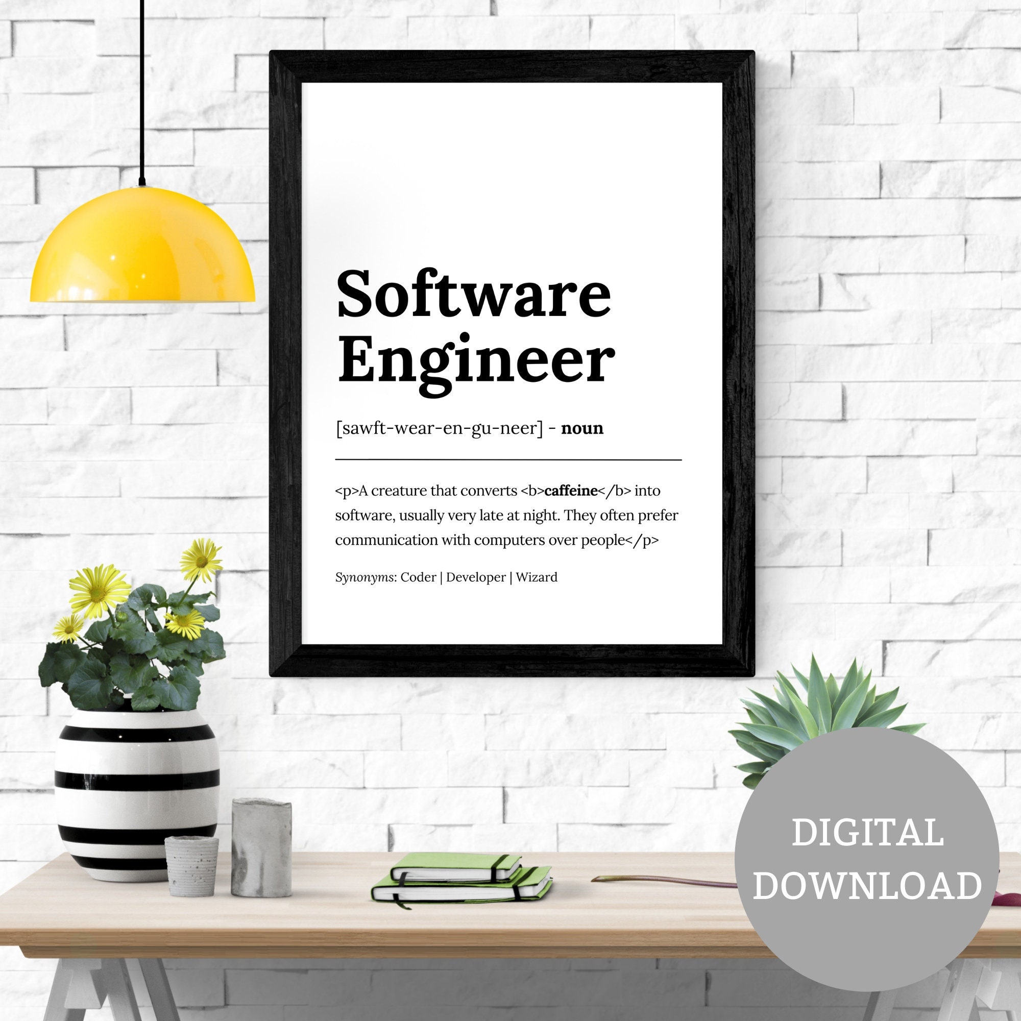 Software Engineer Definition Print Black & White Home Decor Wall Art for Office Graduation Gift