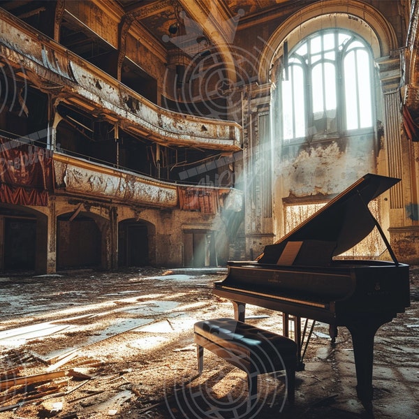 PRINTABLE-Abandoned Grand Theater, Grand Piano, Wall Art, Warm earthy colors, Sun Rays, Gift Ideal, Nostagia, Musical, 300DPI Digital files