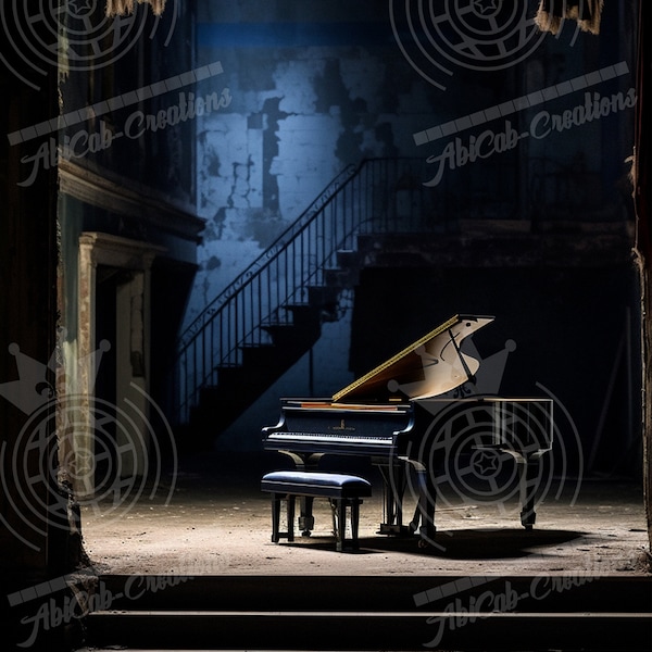 PRINTABLE-Abandoned Piano 1, Grand Theater, Grand Piano, Wall Art, Warm colors,Blueish Background lights, Gift Ideal, 300DPI Digital files