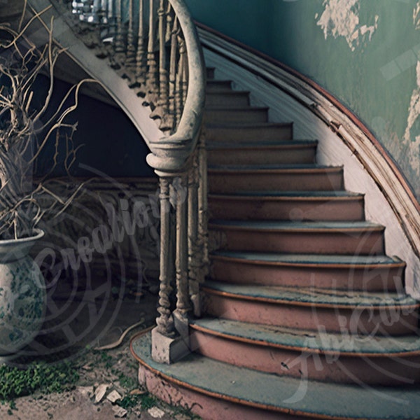 PRINTABLE- Victorian Abandoned House Staircase #2 ,4 Size A1,A2,A3,A4, Wall Art, Turquoise, Off White, Gray, Home Decor,300DPI Digital file
