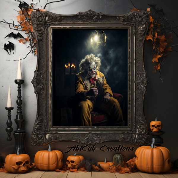 PRINTABLE ART: Smoky Clown Yellow suit, sitting in chair with big cigar, hyper realistic Halloween wall or window art, 300 dpi, 4 jpeg files