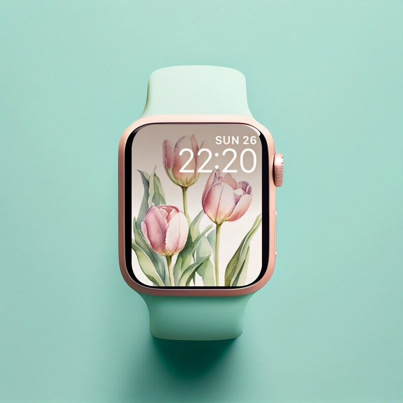 May include: A rose gold smartwatch with a mint green band. The watch face displays a floral design with pink tulips and the time "SUN 26 22:20".