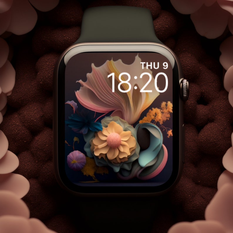 May include: A black smartwatch with a green band displays the time 18:20 and the date THU 9 on a dark background with a floral design.