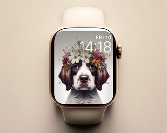 Bloemen en schattige hond Apple Watch Face, Apple Watch Face Puppy, aquarel Apple Watch Face, Apple Watch Wallpaper, aquarel hond, puppy