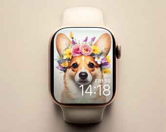 Flowers and Dog Apple Watch Face, Apple Watch Face Corgi, Watercolor Apple Watch Face, Apple Watch Wallpaper, Watercolor Dog