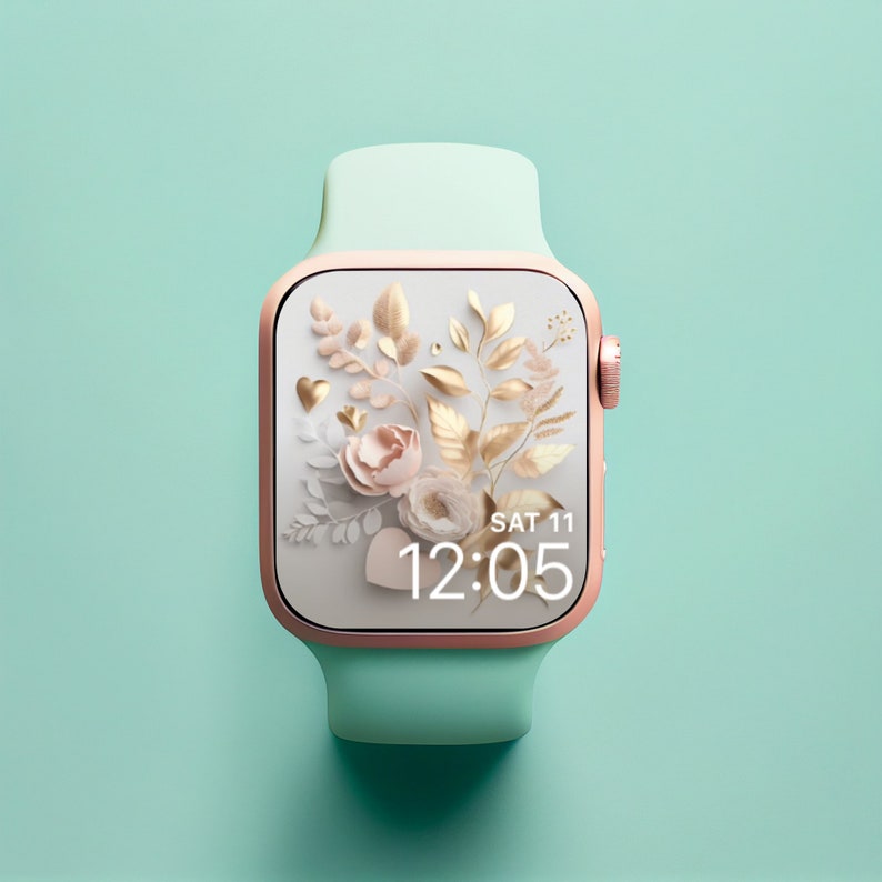 May include: A rose gold smartwatch with a mint green band. The watch face features a floral design with gold accents and a digital clock displaying "SAT 11 12:05".