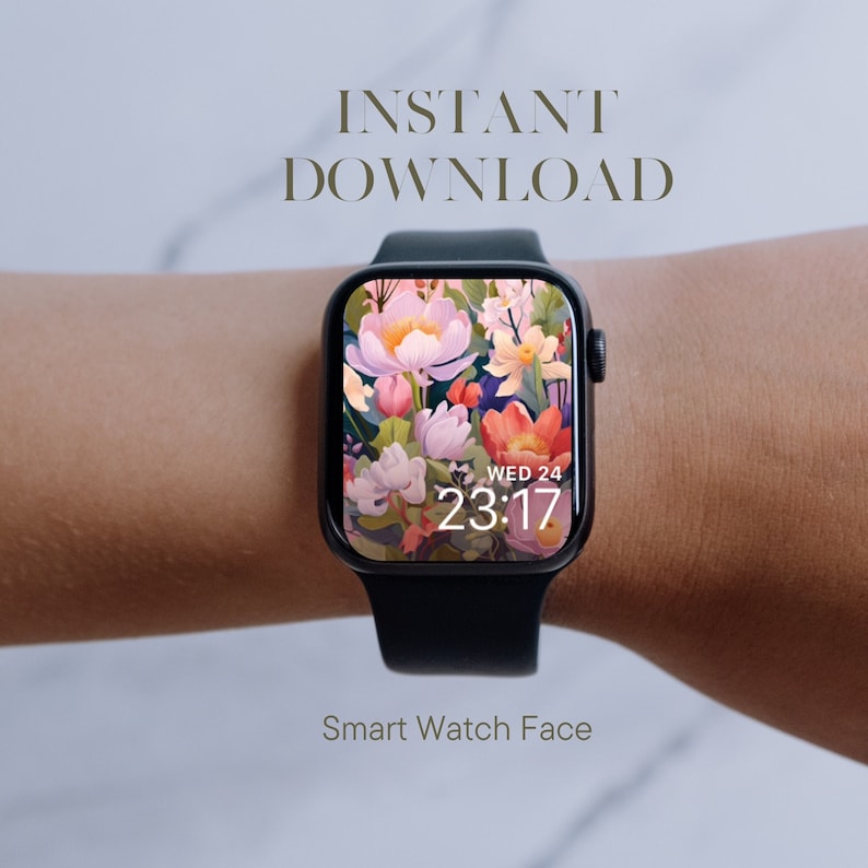 May include: A black smartwatch with a floral watch face. The watch face displays the time as 23:17 and the day as WED 24. The text "Instant Download" and "Smart Watch Face" are also visible.