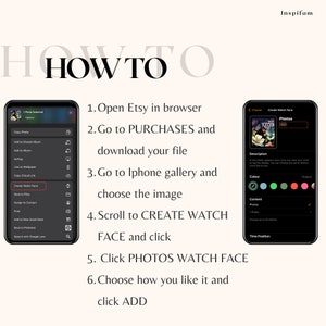 May include: A step-by-step guide on how to create a custom watch face using an iPhone. The guide shows how to download a file from Etsy, choose an image from your phone's gallery, and then use the "Create Watch Face" feature on your iPhone to customize the watch face.
