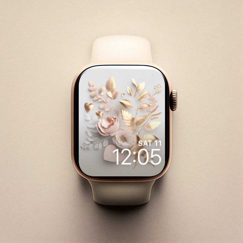May include: A gold and white smartwatch with a floral design and the time 12:05 displayed on the screen. The watch face reads "SAT 11".