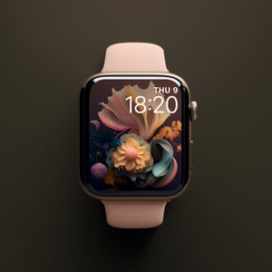 May include: A pink Apple Watch with a gold case and a floral design on the screen. The time is 18:20 and the date is Thu 9.