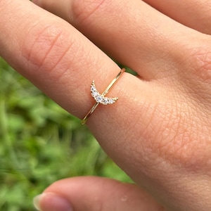 May include: A gold ring with a crescent moon design set with small, clear gemstones. The ring is thin and delicate, with the moon shape on the finger. The background is blurred green grass.