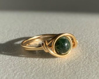 Moss Agate ring wire wrapped gold plated genuine crystal jewelry for her everyday wear affordable jewelry stone of Mother Earth grounding