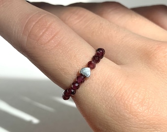 Garnet and heart silver plated beaded ring genuine gemstone sparkly shiny crystal jewelry for women stone of courage root chakra healing