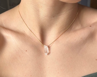 Raw Clear Quartz necklace adjustable gold plated snake chain everyday jewelry for her crystal choker for women Mother Day gift reiki energy