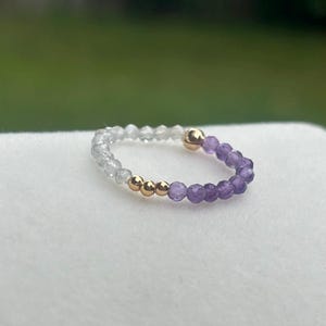 Amethyst & Labradorite beaded ring stretchy colorful ring for her half and half asymmetrical jewelry trinity gold plated beads genuine gems