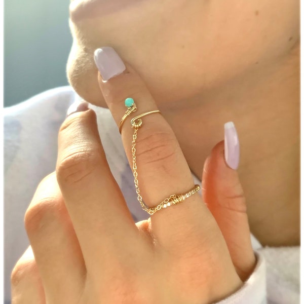 Amazonite double ring chain ring chain connected ring unique jewelry for women crystal jewelry midi ring holiday gift ideas for her