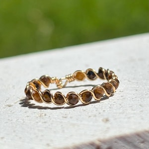 Tigers Eye ring braided crystal wire wrapped jewelry 2mm beads handmade cute little adorable rings for her birthday gift ideas spiritual
