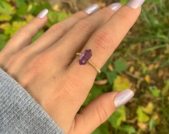 Amethyst Ring handmade wire wrapped genuine AAA amethyst delicate dainty crystal jewelry for her stress relief stones gold plated silver