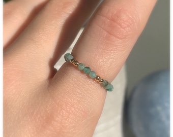 Natural Emerald 2mm beaded crystal ring for good luck and abundance, may birthstone