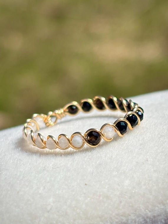 The Balance Ring - Moonstone and Black Onyx wire wrapped braided minimalist ring for everyday wear