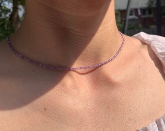 Amethyst choker 2mm faceted bead sparkly cute minimalist style energy healing crystal dainty jewelry for her yoga meditation everyday wear