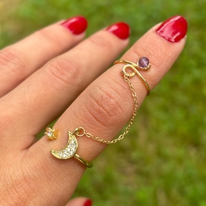 Moon and Star double chain Ring birthstone jewelry for her gift ideas for Crystal lovers zodiac signs unique statement piece handmade cute