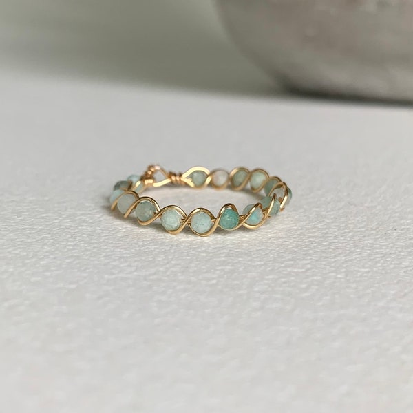 Amazonite wire wrapped ring 2mm beads braided crystal ring dainty stackable rings for women stone of good luck abundance genuine crystals