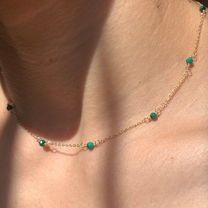 Malachite Choker Necklace 4mm Green Crystal Beads, Adjustable Gold Plated Jewelry, Genuine Malachite Gift for Her Dainty Minimalist Necklace