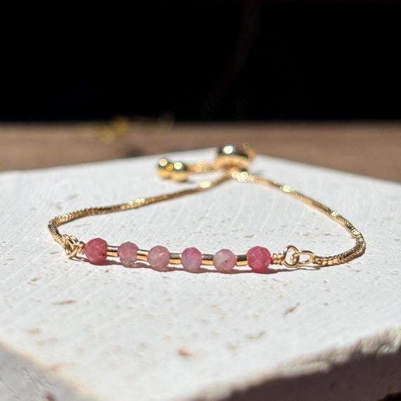 Pink Tourmaline Bracelet, Dainty Adjustable Crystal Jewelry