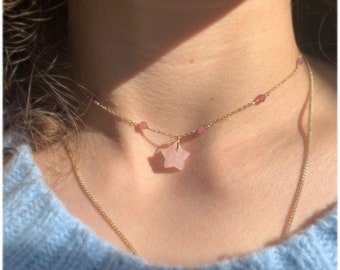 Lovely 14K Gold Vermeil Rose Quartz Crystal Necklace Rose