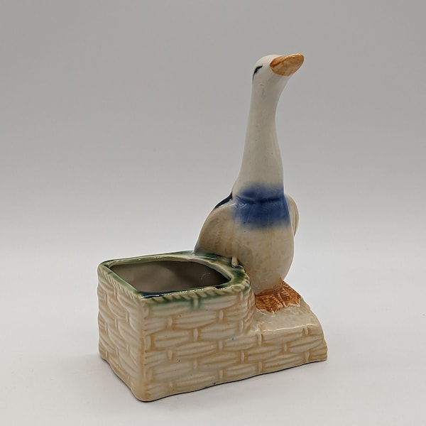 Vintage Ceramic Goose & Basket Mini-Planter: A Whimsical Touch for Any Space