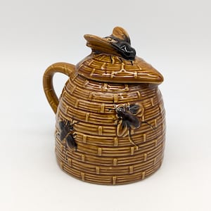 Vintage keramische bijenpot met 3D-honingbijen, groot bijenhandvat, retro keukendecor, perfect voor imkers en natuurliefhebbers