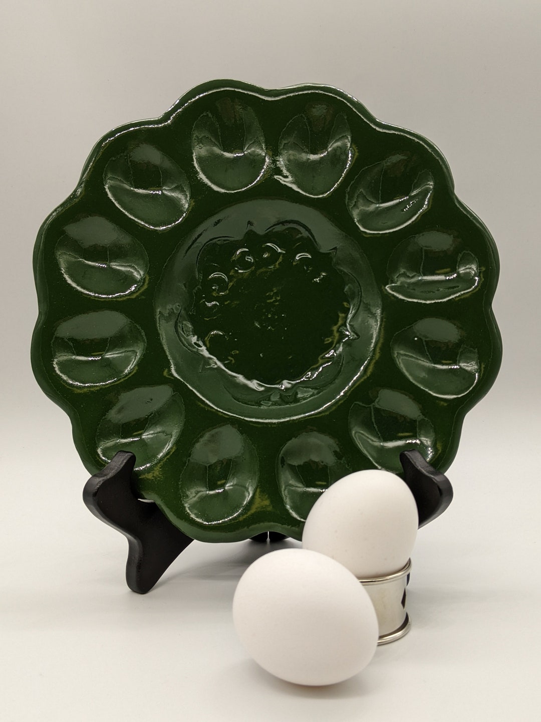 Vintage Green Ceramic Deviled Egg Plate With Ladybug Embossing Etsy