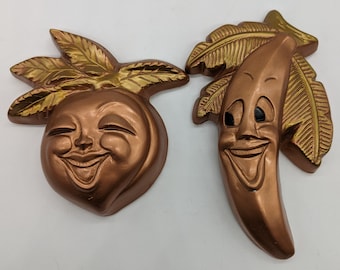 Vintage FavorWare Wall Hangings Set: Anthropomorphic Apple & Banana in Gleaming Gold