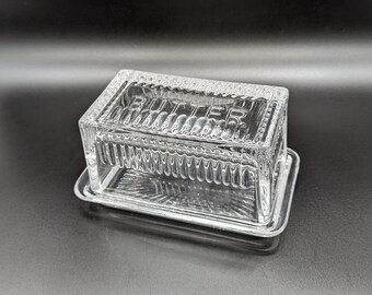 Vintage Heavy Pressed Glass Butter Dish with  'BUTTER' Lid - Timeless Charm for Your Table