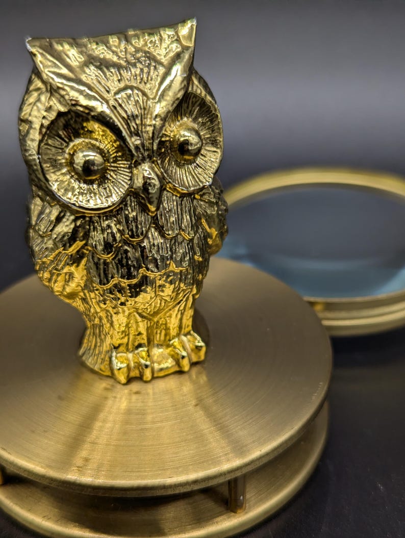 Vintage Brass Owl Figurine With Foldout Magnifying Glass Unique