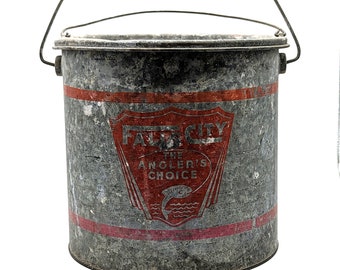 Vieux Seau à Vifs Falls City Galvanisé N°710 Avec Flotteur Dylite – Vintage Pêche