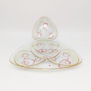 Mid-Century Triangular Glass Snack Plate Set with Mod Graphics – 1 Large & 5 Small – Retro German Style Serveware