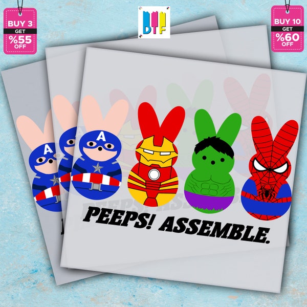 Peeps' Assemble, Ready to Press, Easter DTF Transfers, Bunny DTF Transfers, Direct to Film, High Quality Print, Heat Press Transfer