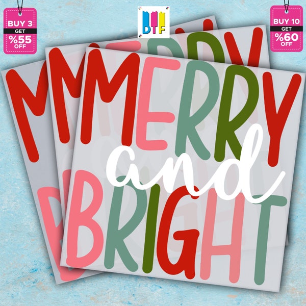 Merry And Bright, Ready to Press, Christmas DTF Transfer, Heat Transfer, Retro Christmas Print, Full Color Print, High Quality Transfer